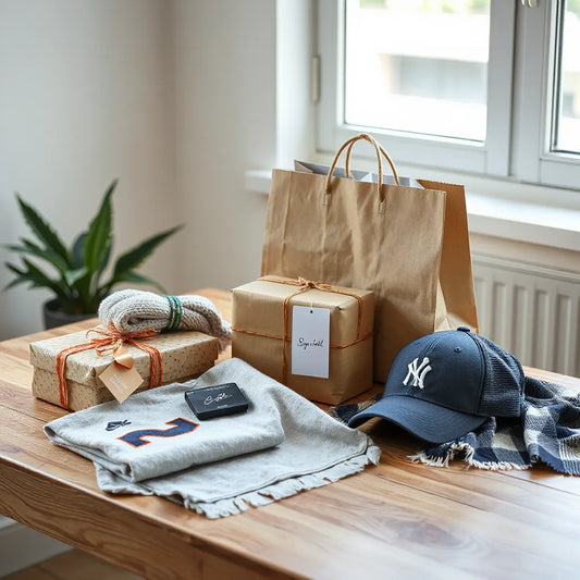 Wrapped sports gift items with a jersey, cap, and scarf arranged neatly on a wooden table