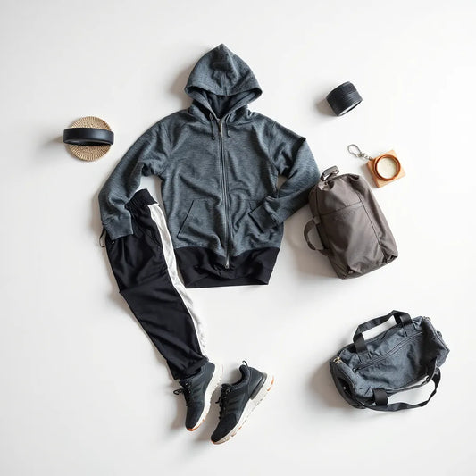 Breathable hoodie, joggers, sneakers, and a duffel bag arranged for everyday active comfort