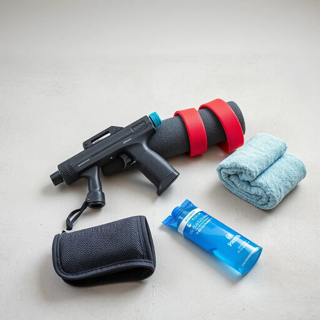 Massage gun, foam roller, bands, and a cooling gel pack arranged for post-workout recovery