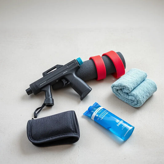 Massage gun, foam roller, bands, and a cooling gel pack arranged for post-workout recovery