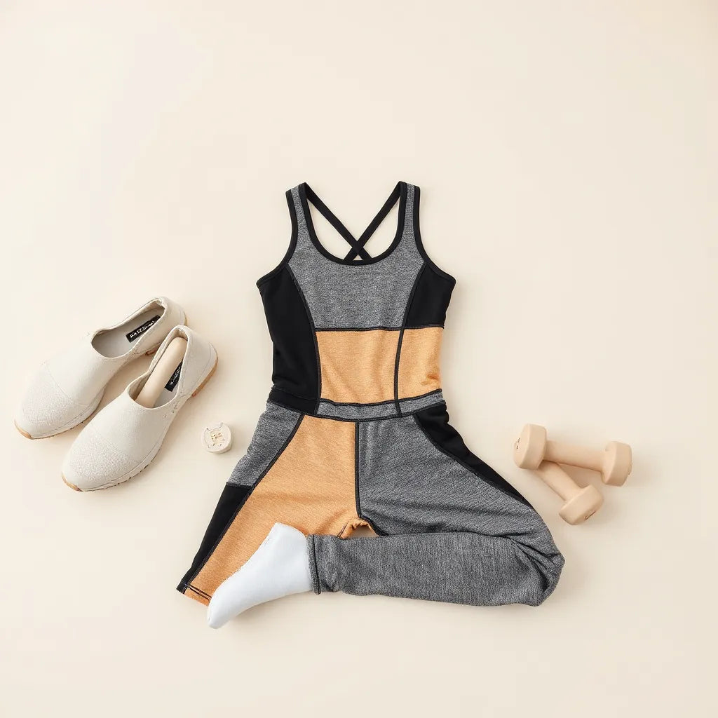 Patchwork fitness suit with color-blocked panels displayed on a neutral studio background