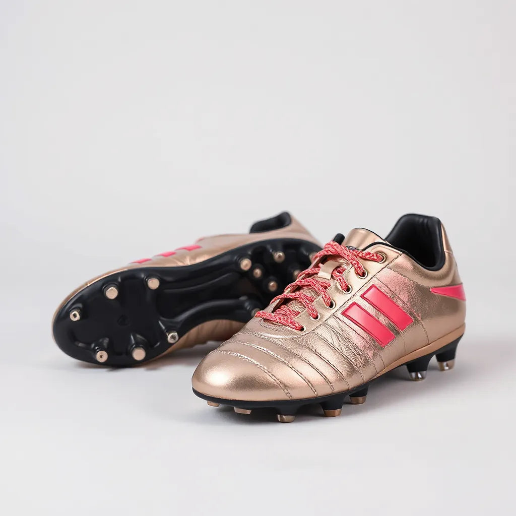 Metallic electroplated soccer boots with visible traction studs on a clean studio background