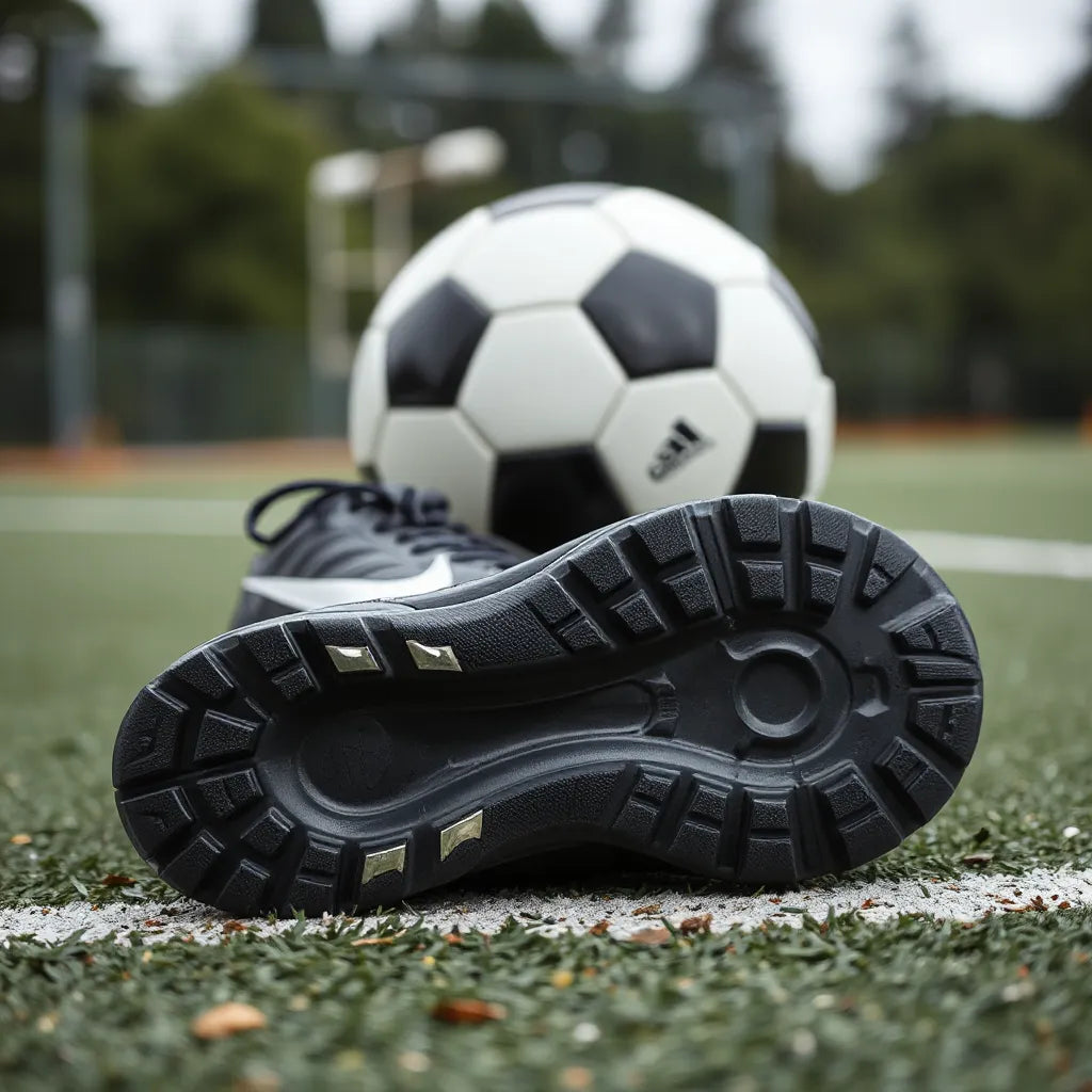 Football training shoes with visible traction outsole and laces on a training pitch