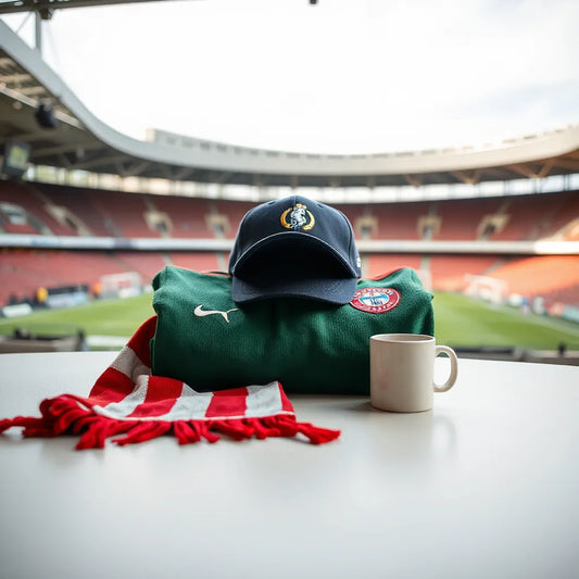A fan-ready set of football merchandise including a jersey, scarf, cap, mug, and small collectible figurine