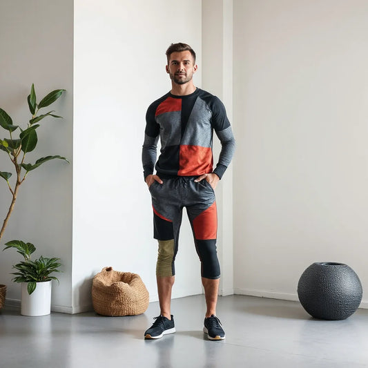 Man modeling patchwork athletic fitness clothing in a modern gym setting