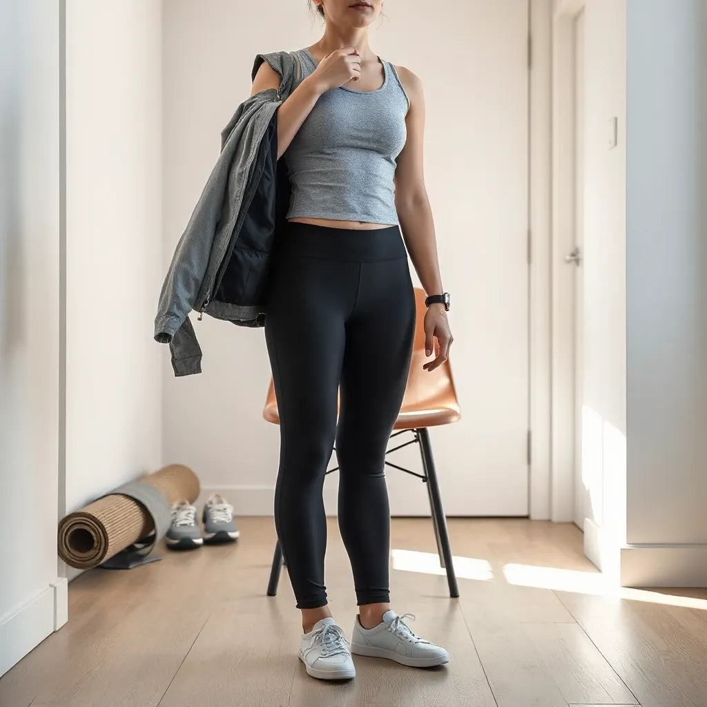 Person in breathable activewear with sneakers and a yoga mat in a minimal, sunlit space