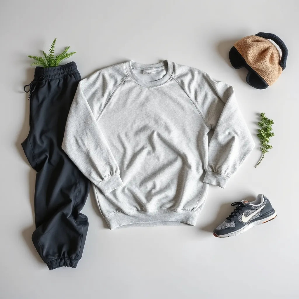 Sports-inspired leisure outfit with sweatshirt and joggers displayed in soft neutral lighting