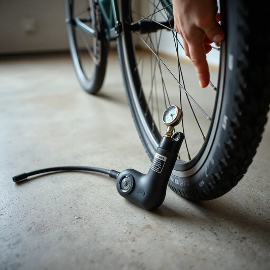 Compact bike tyre inflator connected to a bicycle valve next to a road bike wheel