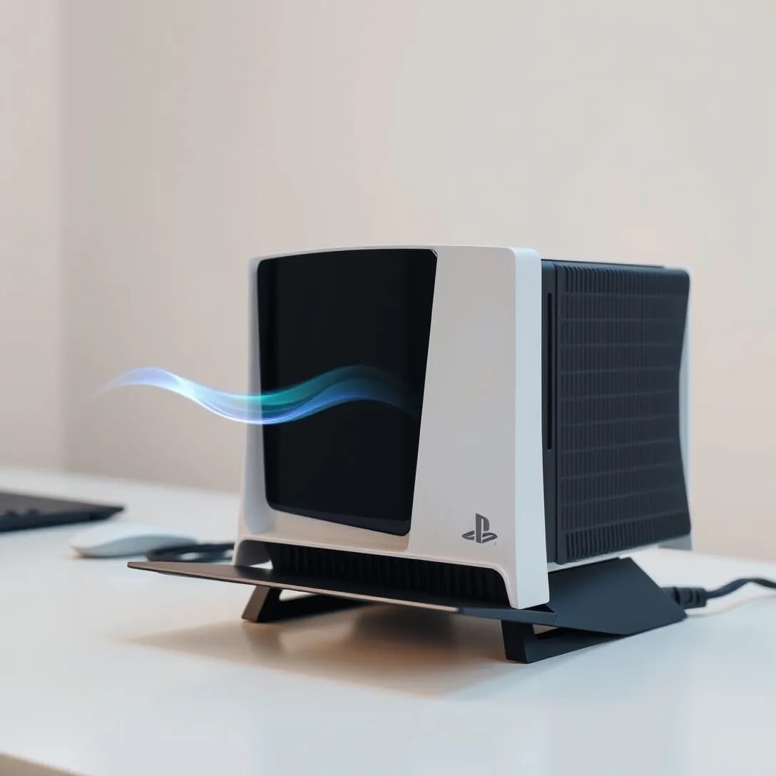 PS5 console on a minimalist cooling stand with subtle airflow near the vents