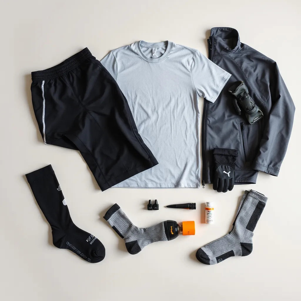 Assorted premium athletic gear laid out neatly, showing breathable fabrics and training accessories