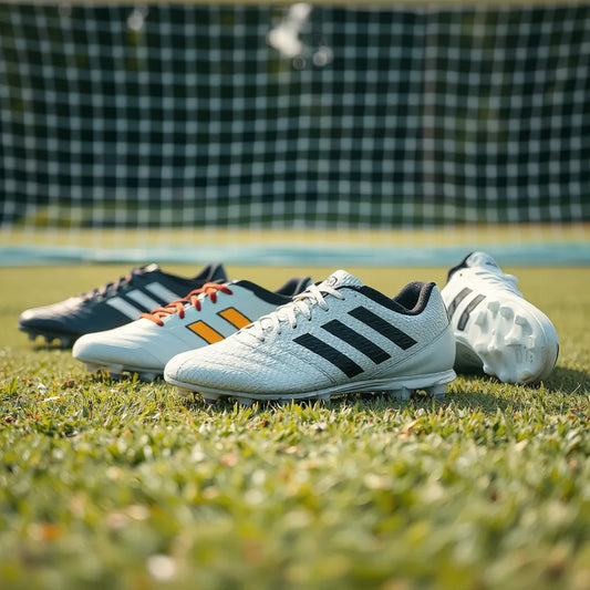 Multiple soccer boots on training grass showing stud patterns and premium fit details