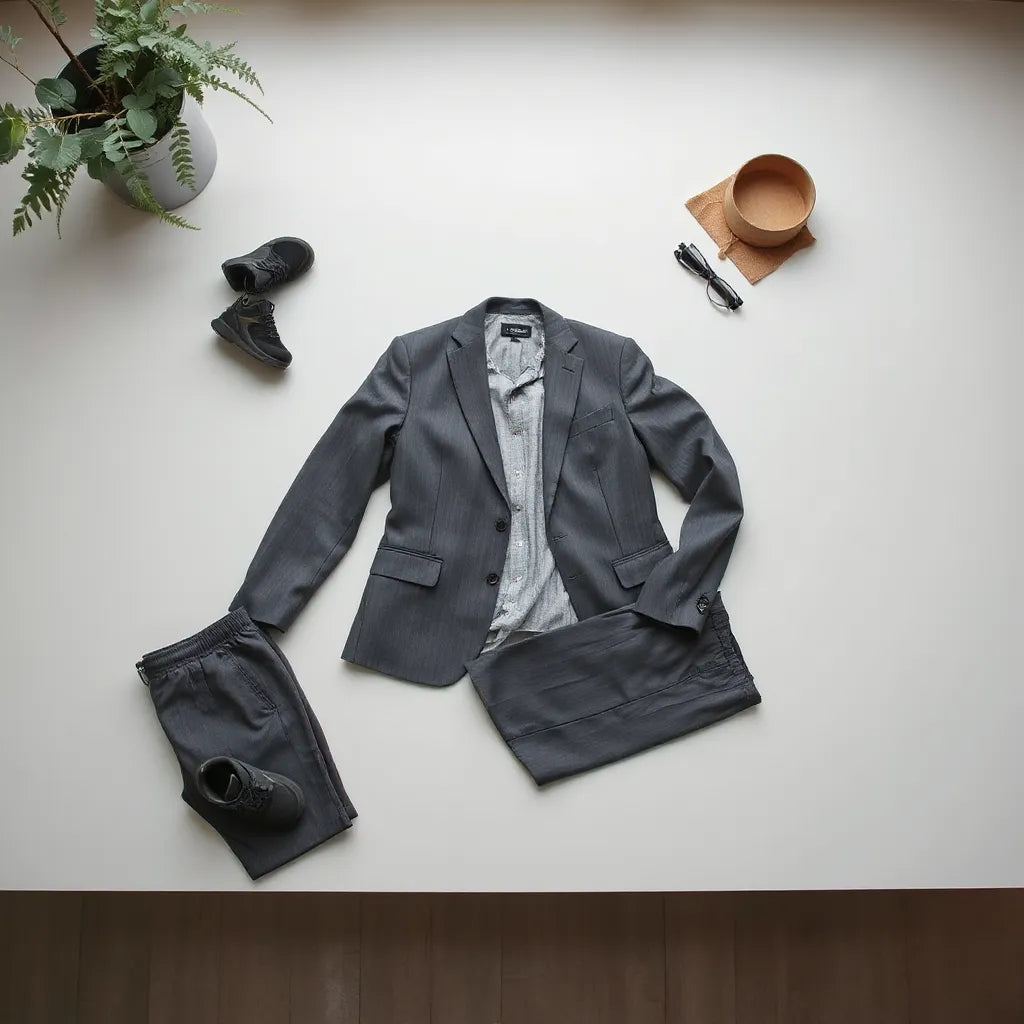 Men’s fitness suit set with matching jacket and pants displayed neatly in soft natural light