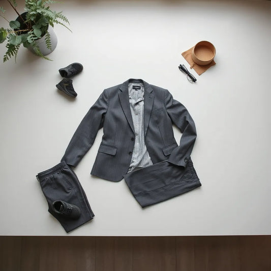 Men’s fitness suit set with matching jacket and pants displayed neatly in soft natural light