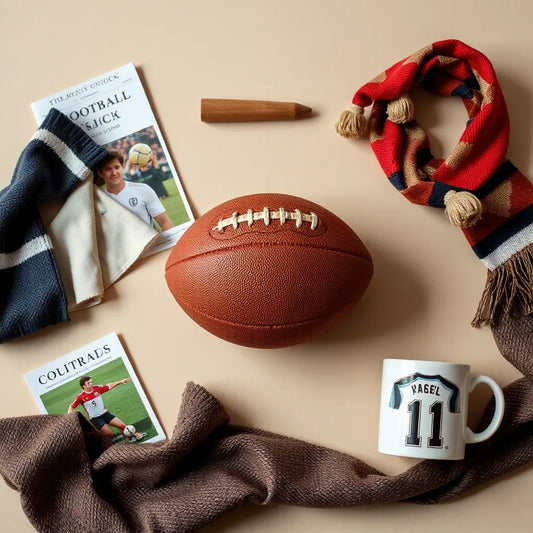 Football and neatly arranged fan-themed gifts like a scarf, mug, and framed jersey photo on a clean background