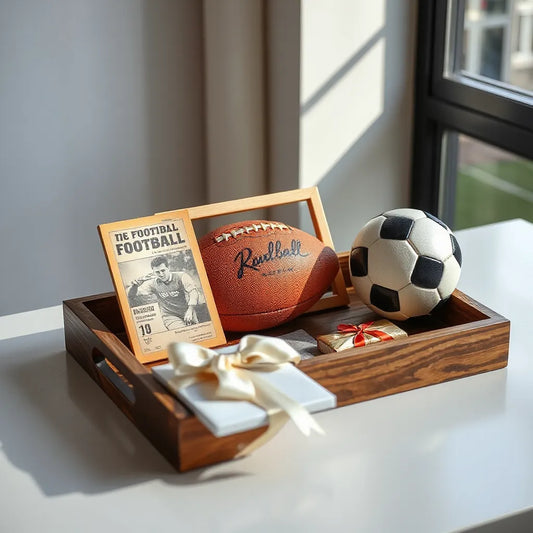 Assorted football memorabilia gifts arranged on a wooden tray with a ribboned gift box