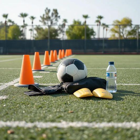 Soccer ball with training cones, shin guards, and goalkeeper gloves laid out for practice