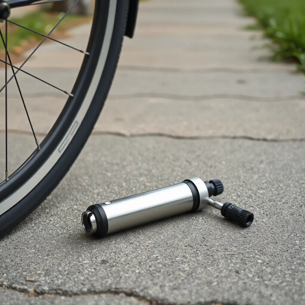 Compact portable bike pump beside a bicycle tire and valve in natural daylight