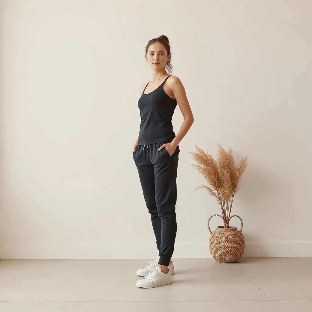 Person wearing breathable joggers and a fitted athletic top with clean sneakers in a bright casual setting