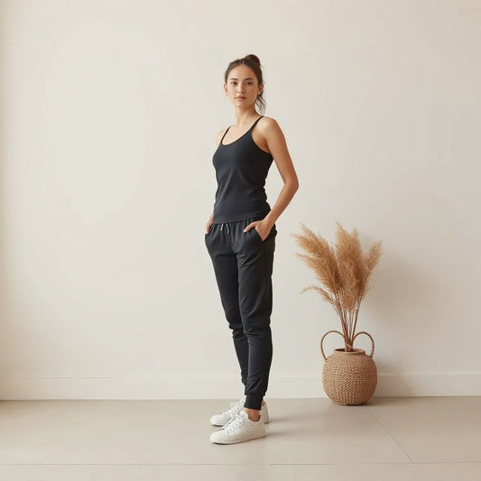 Person wearing breathable joggers and a fitted athletic top with clean sneakers in a bright casual setting