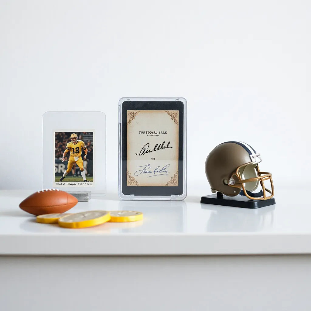 Assorted football collectibles displayed on a clean table, including a card and memorabilia in protective cases