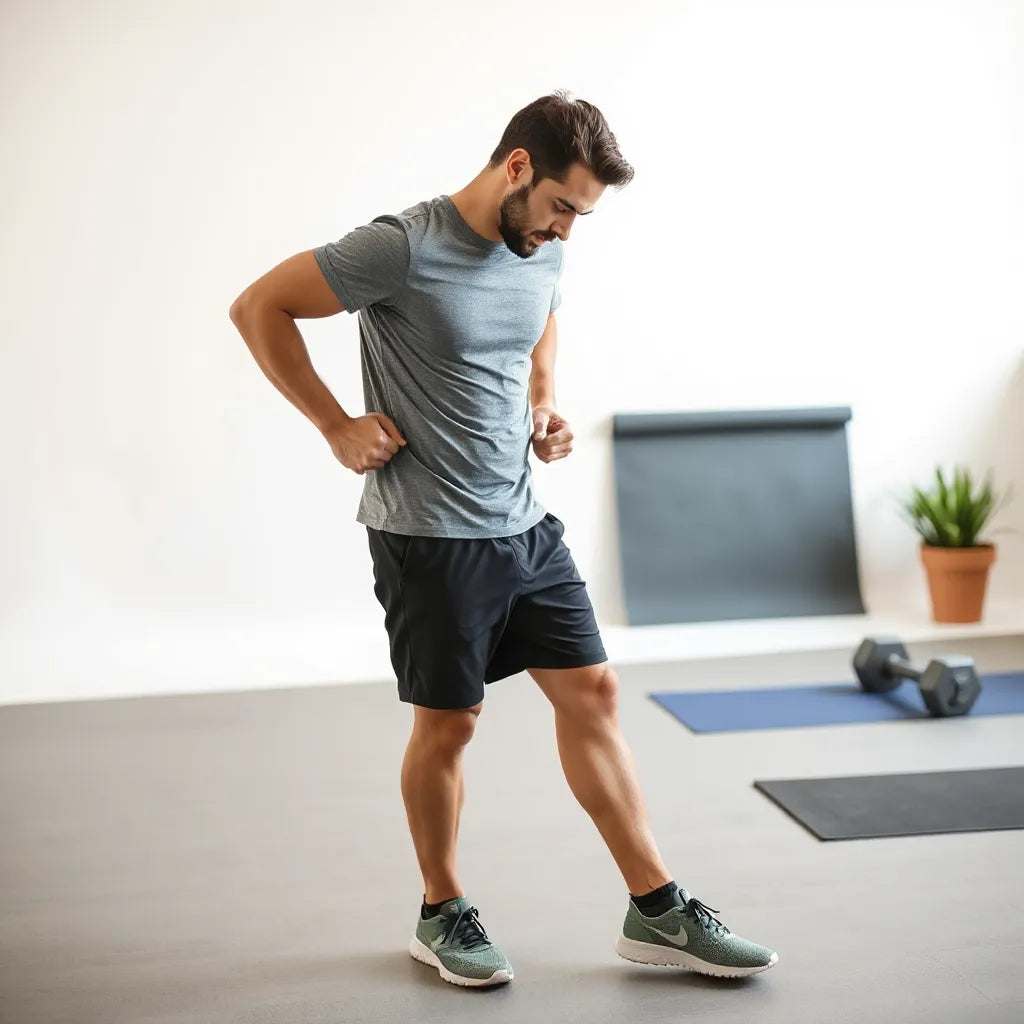 Man in breathable workout shirt and shorts with training sneakers, ready to exercise in a clean studio setting.