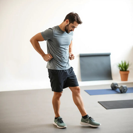 Man in breathable workout shirt and shorts with training sneakers, ready to exercise in a clean studio setting.