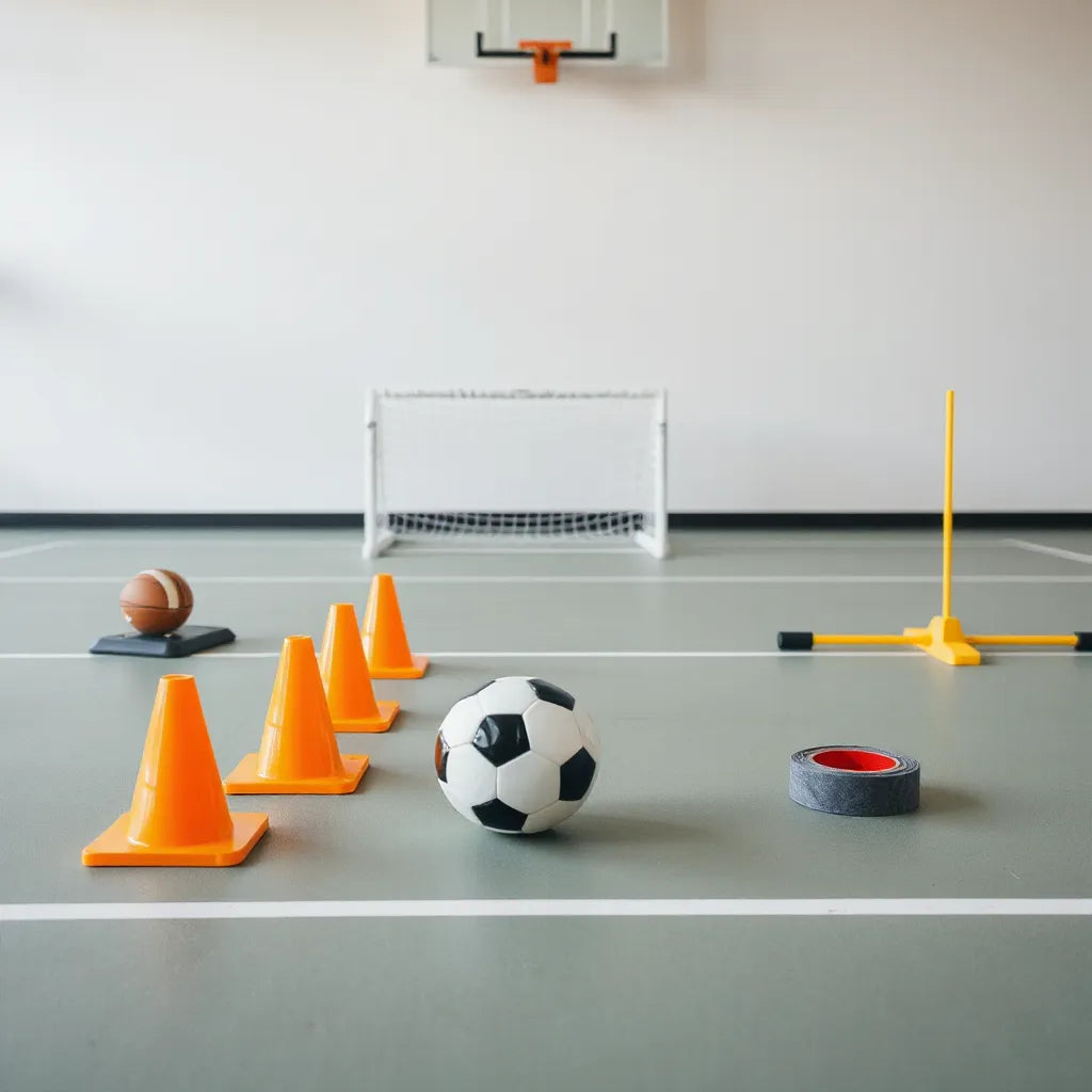 Assorted football training equipment laid out for a focused practice session