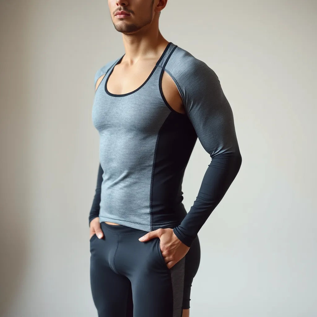Athletic model wearing a sleek high-performance fitness suit with breathable, stretch fabric and streamlined fit