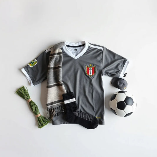 Folded soccer jersey, scarf, socks, and cap arranged neatly with a small soccer ball on a neutral background.