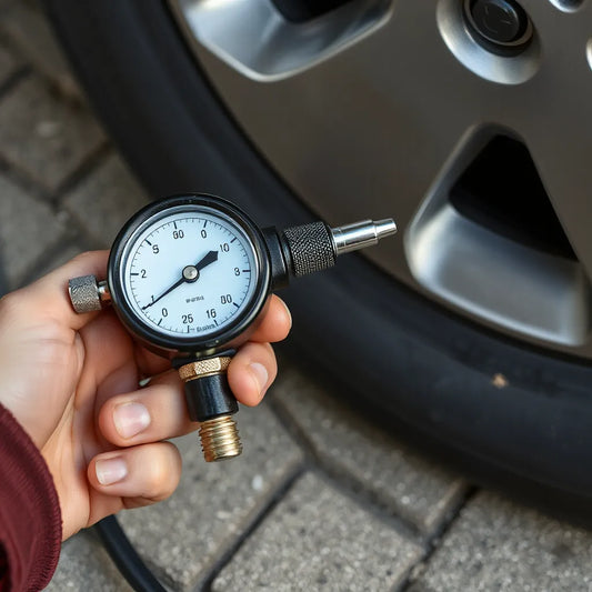 Anti-slip tyre inflator with pressure gauge connected to a car tyre valve