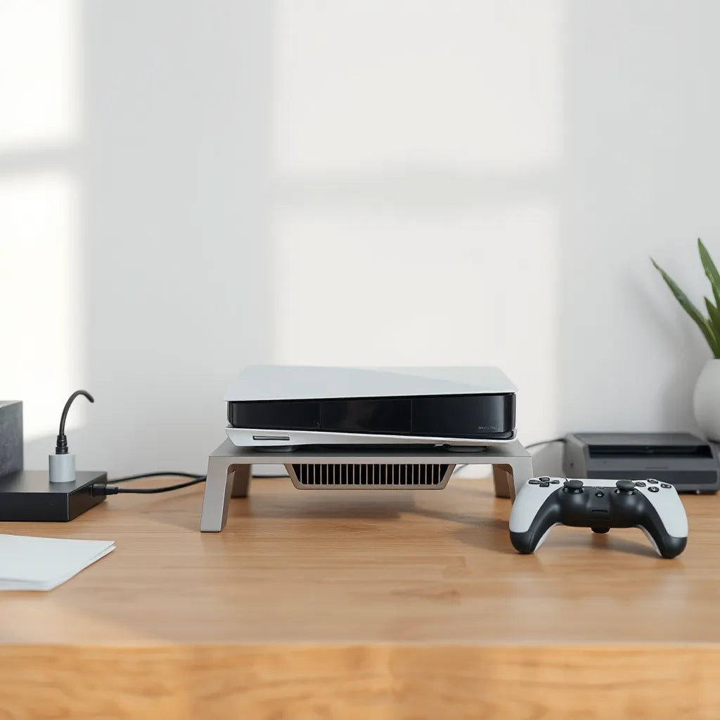 PS5 console on a cooling stand with ventilation openings on a clean desk