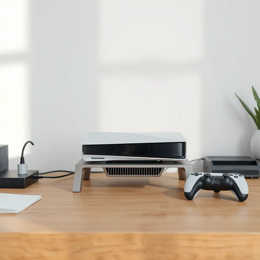 PS5 console on a cooling stand with ventilation openings on a clean desk