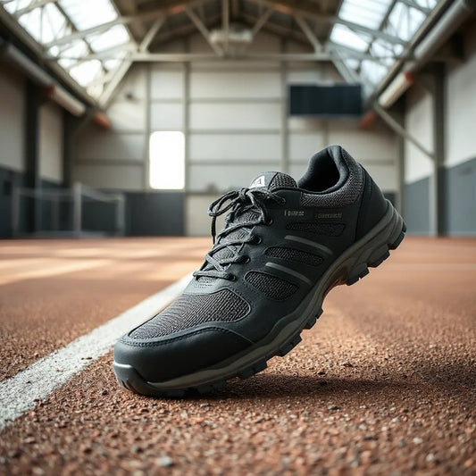 Rugged pair of durable sports shoes with deep tread and reinforced toe on a training surface