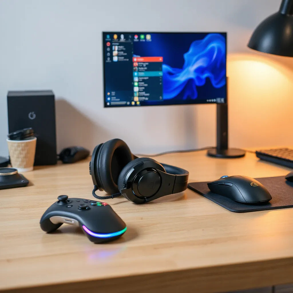 Gaming headset, controller, and mouse on a clean desk in soft lighting