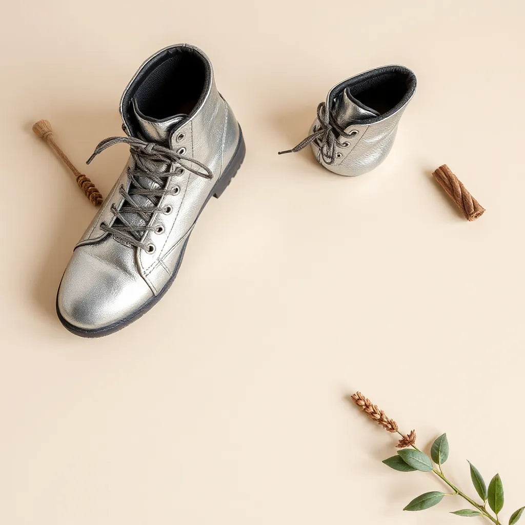 Electroplated training boots with metallic finish and visible studs on a clean neutral background