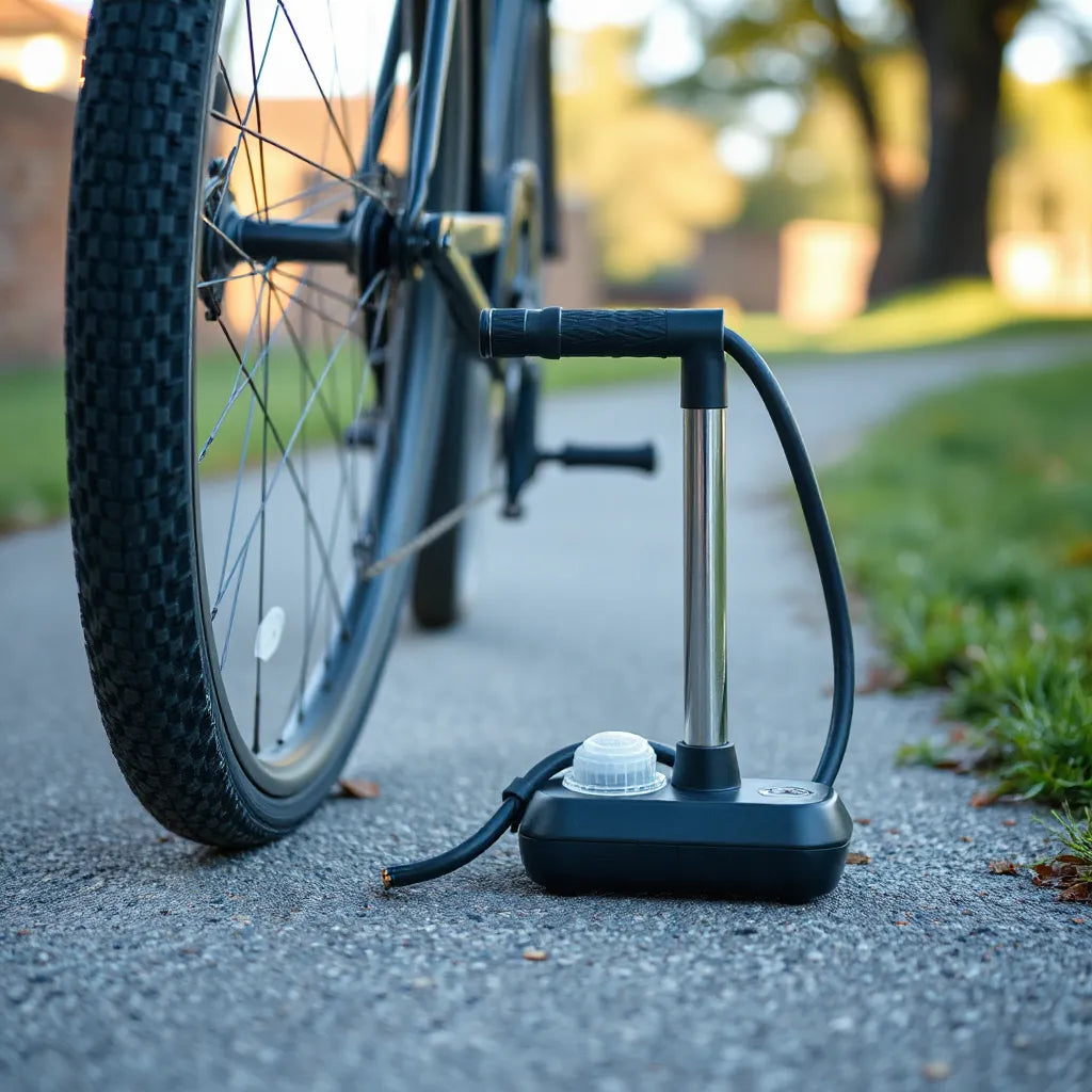 Compact portable bike pump attached to a bicycle tire beside the wheel