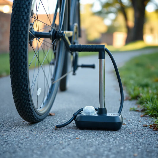Compact portable bike pump attached to a bicycle tire beside the wheel