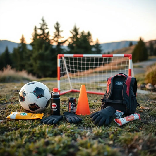 Assorted outdoor sports gear arranged on grass near a hiking trail