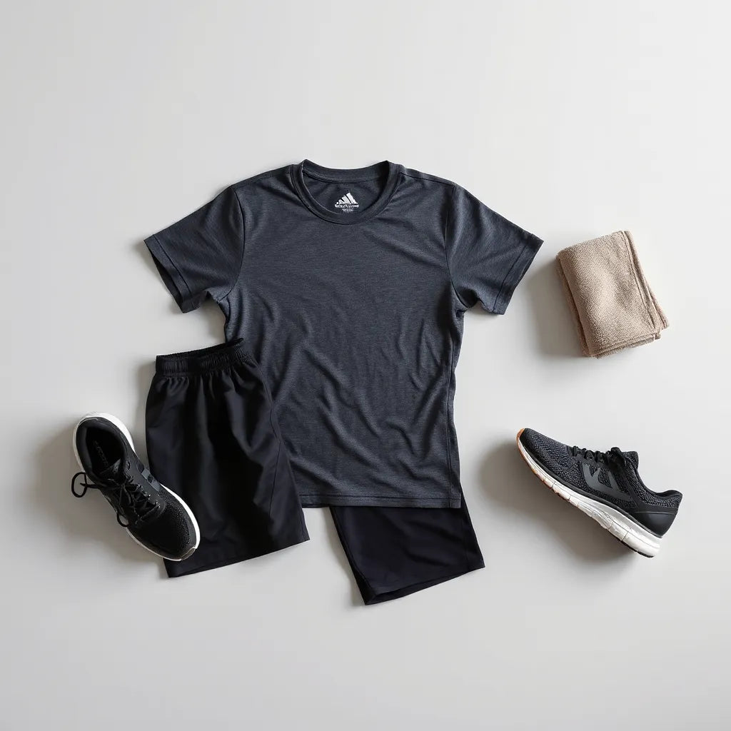 Men’s workout clothing set with performance t-shirt and shorts on a neutral studio background