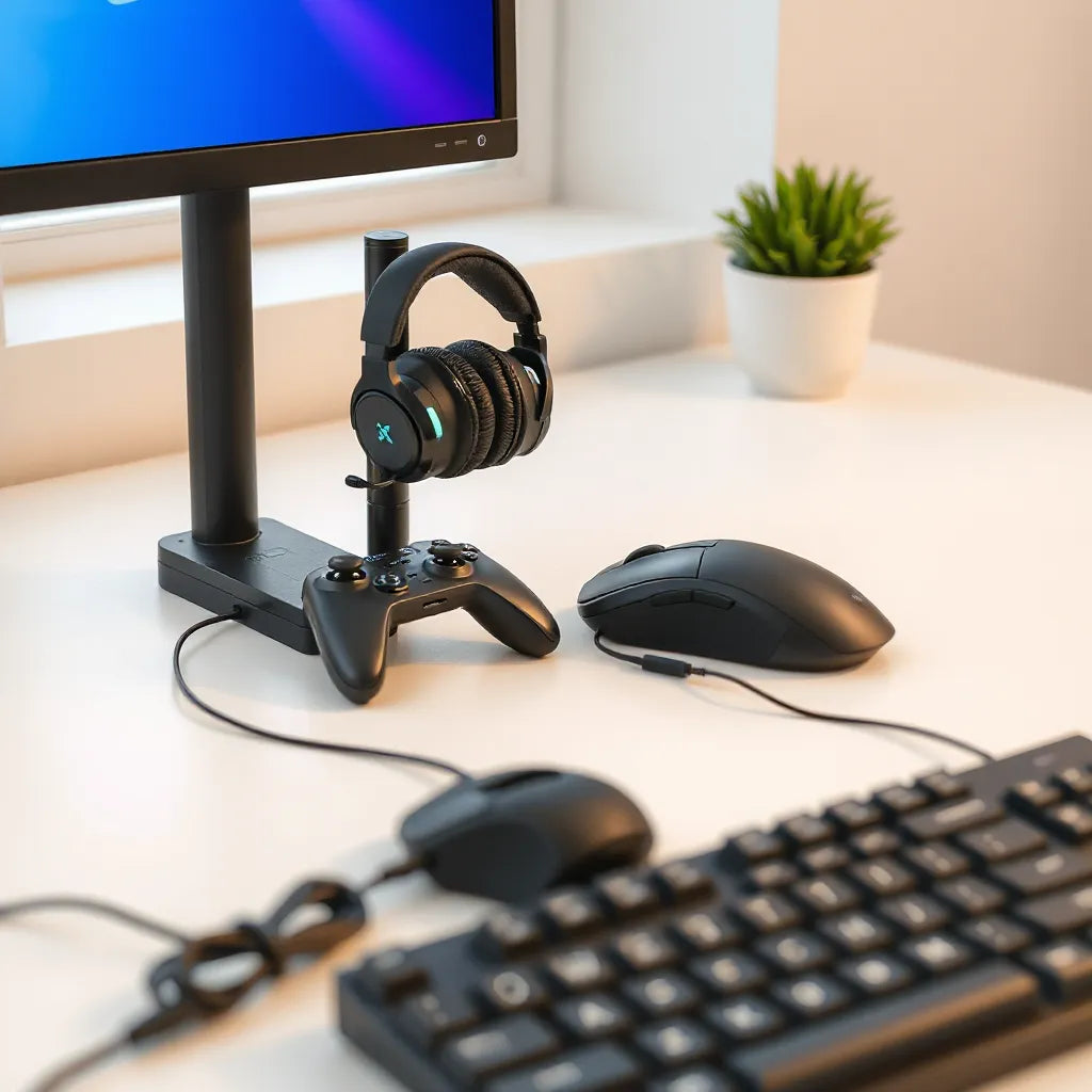 Gaming controller, headset, and mouse on a clean desk under soft natural light