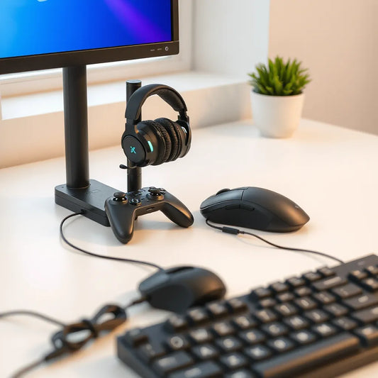 Gaming controller, headset, and mouse on a clean desk under soft natural light