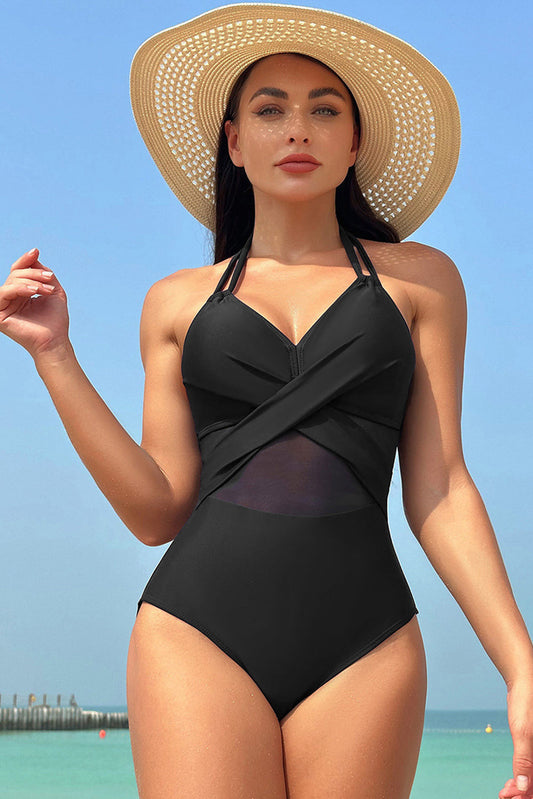  Black Mesh Swimsuit String One-Piece Solid Color Swimwear from Sammy SK Football