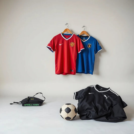 Multiple football jerseys for fans displayed with a football on a neutral background