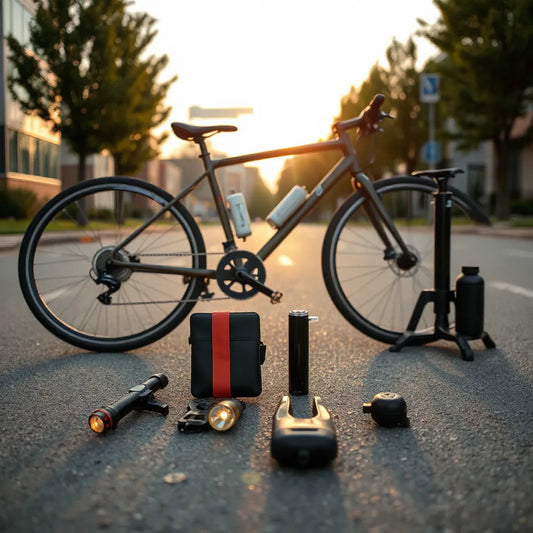 Assorted bike accessories laid out near a bicycle, including lights, lock, pump, and multi-tool.
