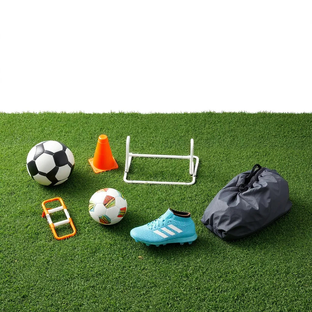 Soccer training gear laid out on turf: cleats, ball, cones, training ladder, and hurdles