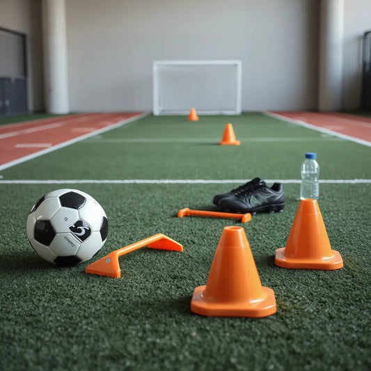 Assorted football training gear on indoor turf, including ball, cones, ladder, hurdles, and boots