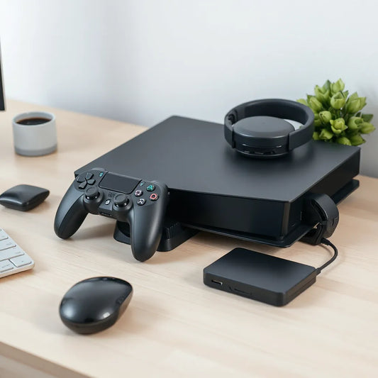 PS5 console with DualSense controller, headset, charging dock, and extra accessories on a clean desk