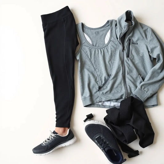Folded performance leggings, breathable top, lightweight jacket, and supportive sneakers on a neutral background