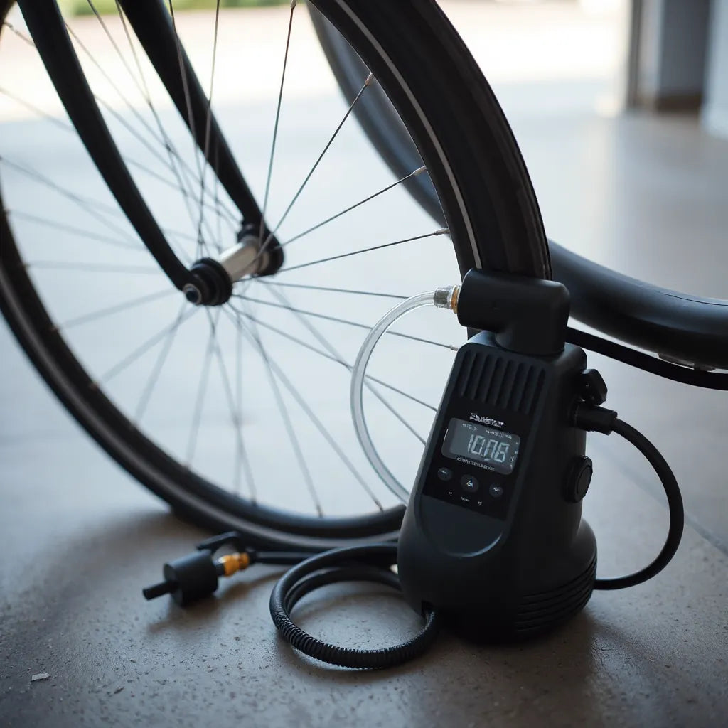 Electric bike tyre inflator connected to a road bike valve with hose and pressure display