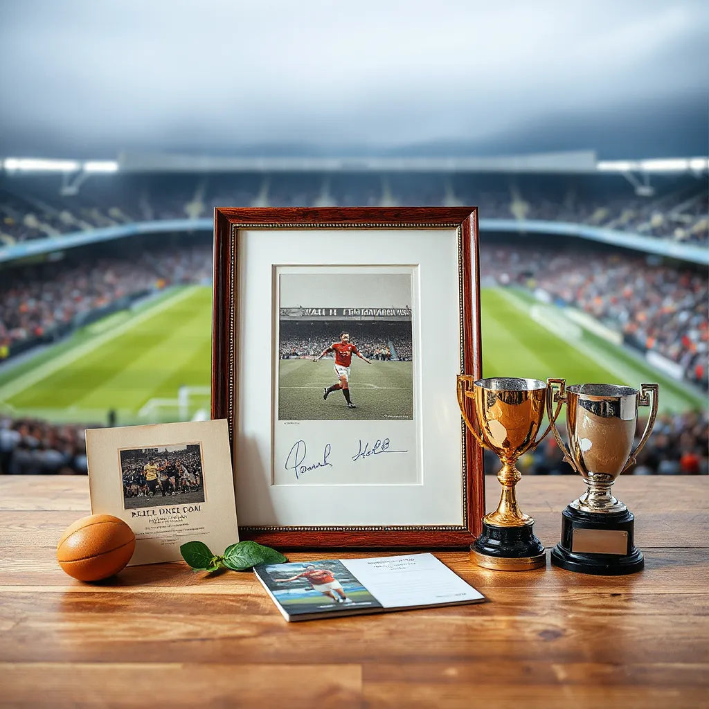 A tabletop display of football memorabilia including a card, framed program, and signed item with a blurred stadium background